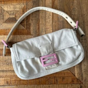 Authentic Fendi Baguette Cloth Handbag
Grey and Pink
